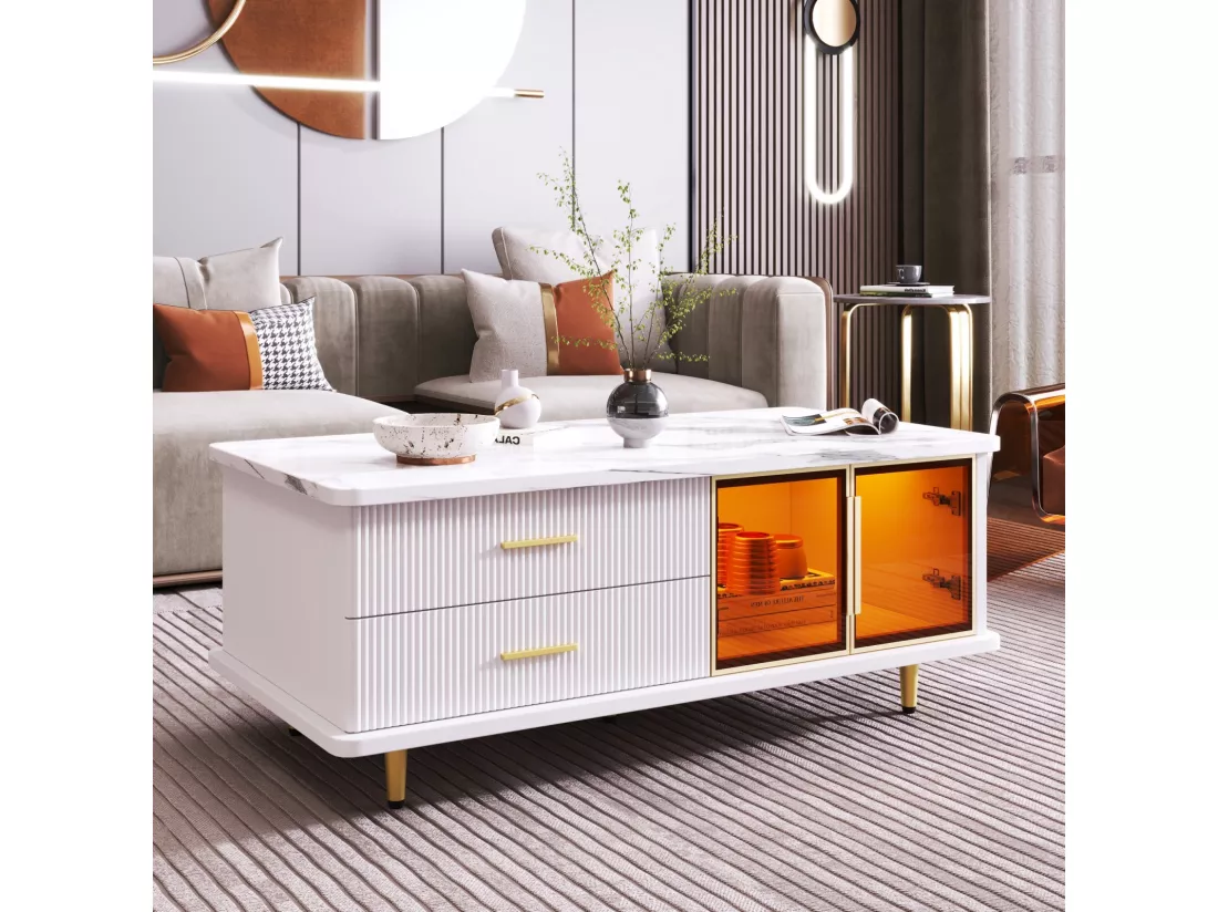 Ensemble Table basse + Meuble TV avec LED 4 tiroirs et 1 niches, plateau de table avec structure en marbre