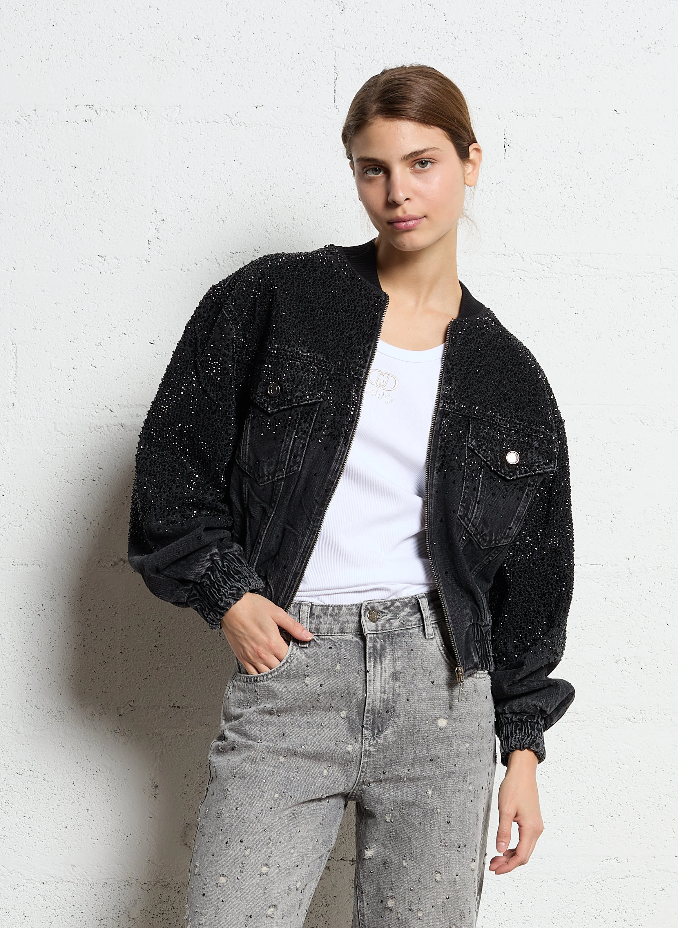 Bomber en denim à strass | Noir