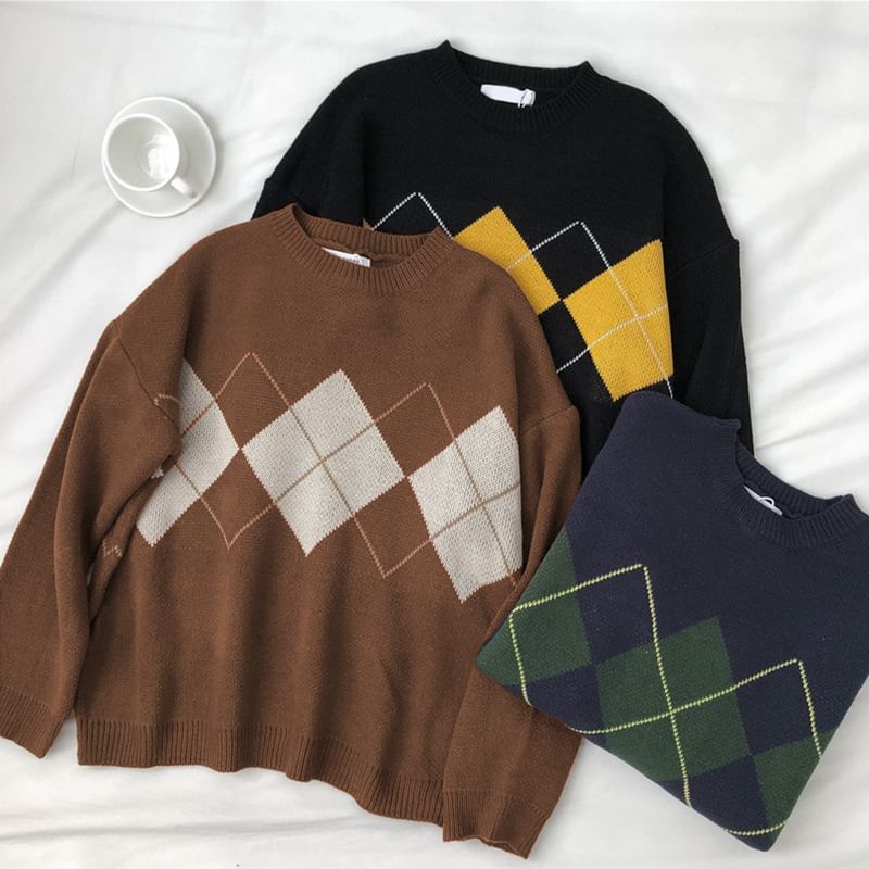 Sensarra - Argyle Oversized Trui met Ronde Hals