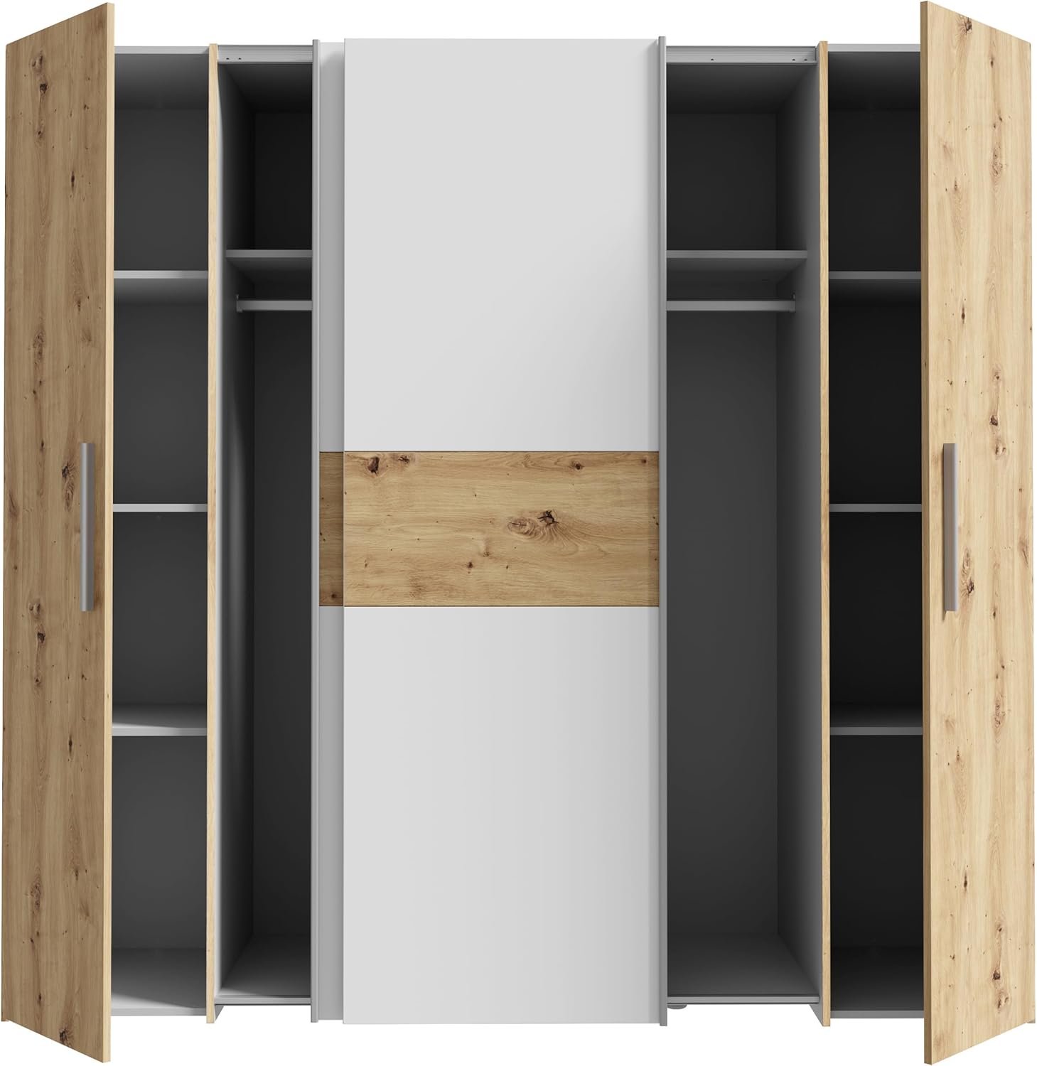 Forte Ginger Kleiderschrank 200, moderner Schrank mit 4 Türen und vielen Einlegeböden, Dreh-/Schwebetüren, Holzwerkstoff, Artisan Eiche/Weiß, 200,1 cm breit, 190,5 cm hoch, 61,6 cm tief