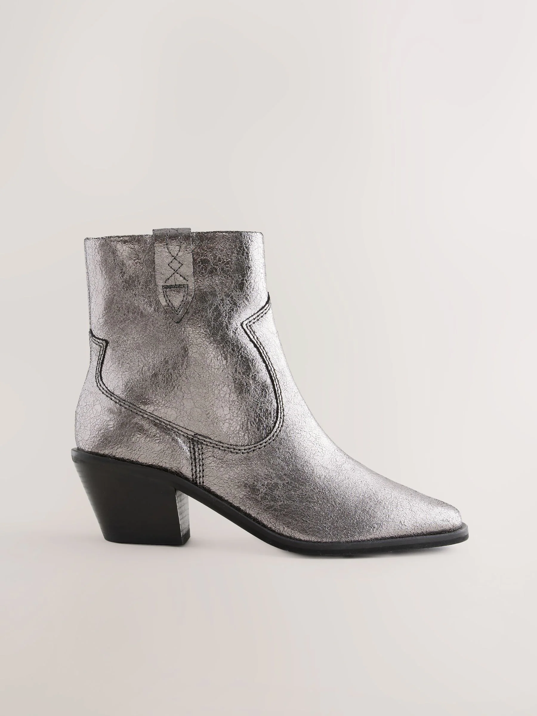 Metallic Silver Leather - Cowboy Block Heel Ankle Boots