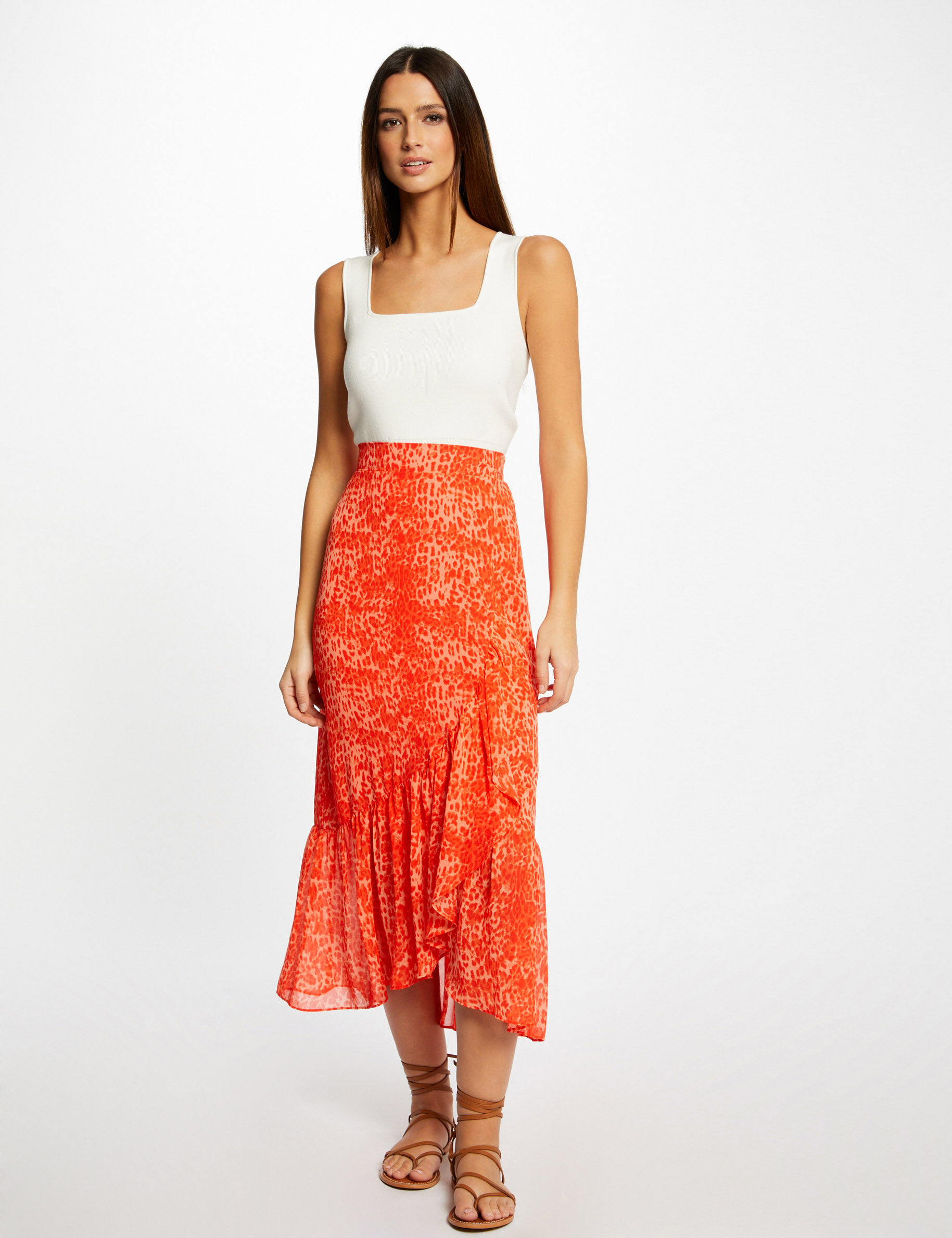 Jupe longue portefeuille imprimé léopard orange femme - orange