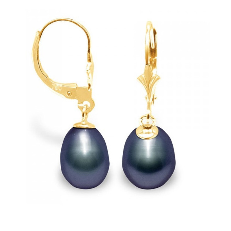 Boucles d'Oreilles Perles de Culture Noires et or jaune 375/1000