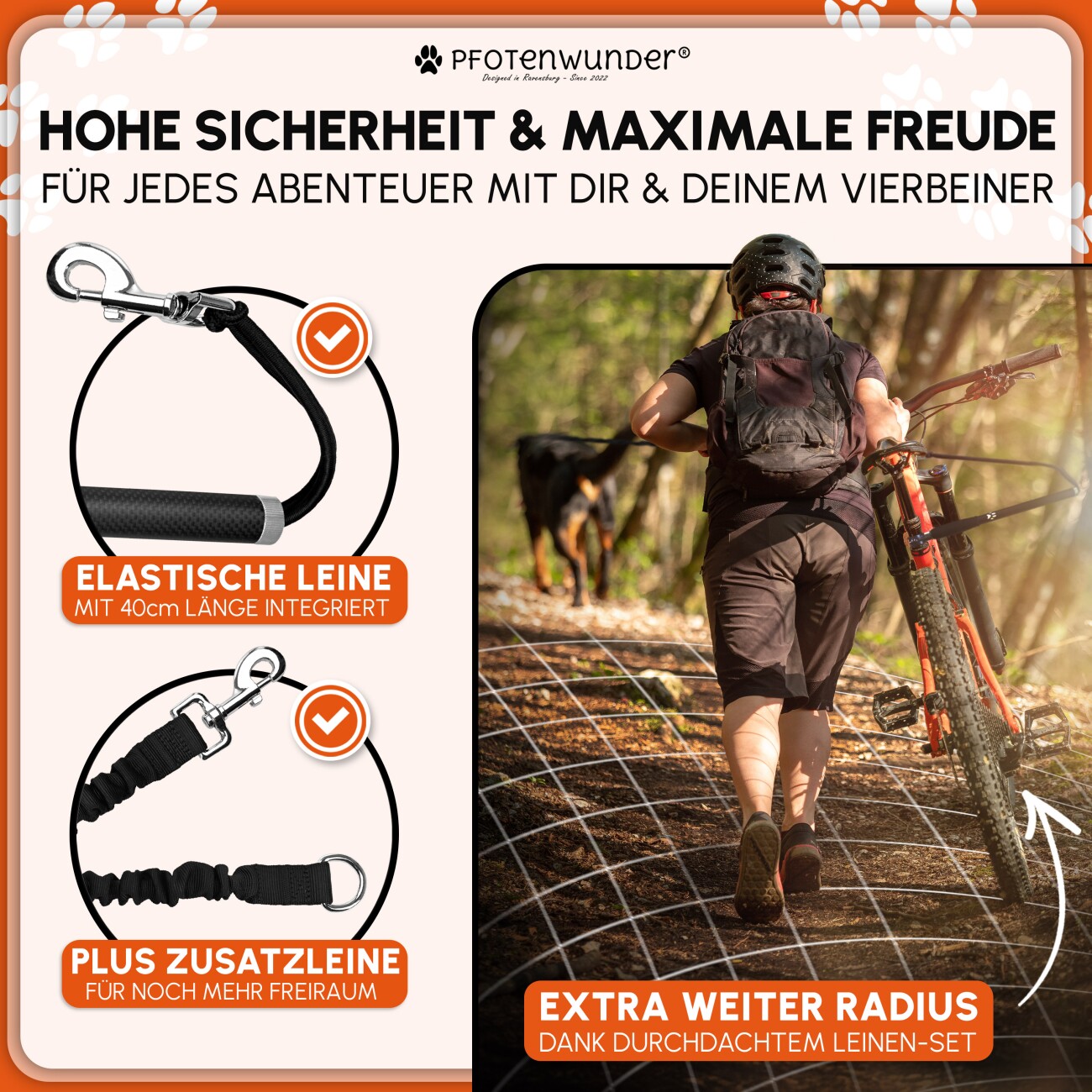 PfotenWunder® Freihandleine Fahrrad für Hunde + 1 elastische Leine & 1 Trainingsbuch, extra dicke 6mm-Leine | Abstandhalter Fahrradhalter aus hochwertige Karbonfasern mit Stoßdämpfern