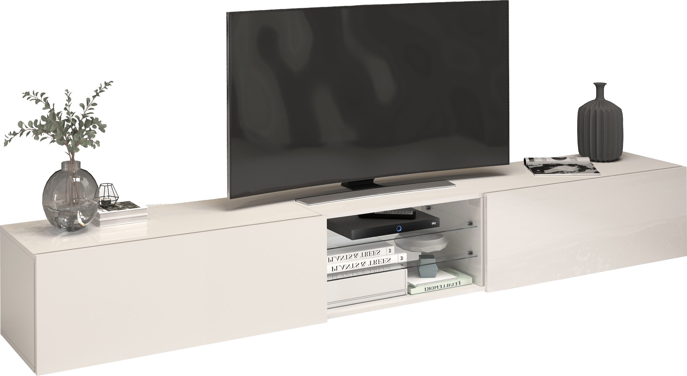 INOSIGN Lowboard »Egypt,Lowboard,TV-Kommode,TV-Möbel,TV-Bank« mit 2 Klappen, 2 Glasböden,kompl. Hochgl. lackiert (B/T/H)240x38x35 cm