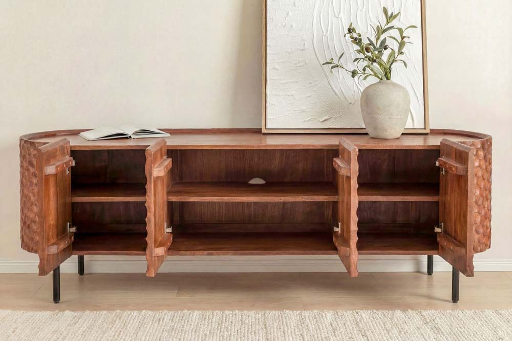 Massives TV-Board ADLON 160cm braun Mangoholz schwarz Metall Lowboard mit 3D- Front