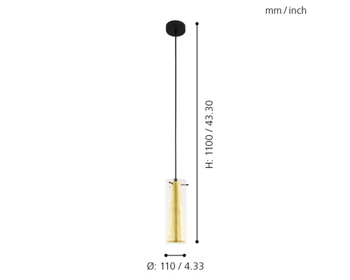 Hanglamp, 1-lichts, HxØ 110x11 cm, zwart/goud/helder