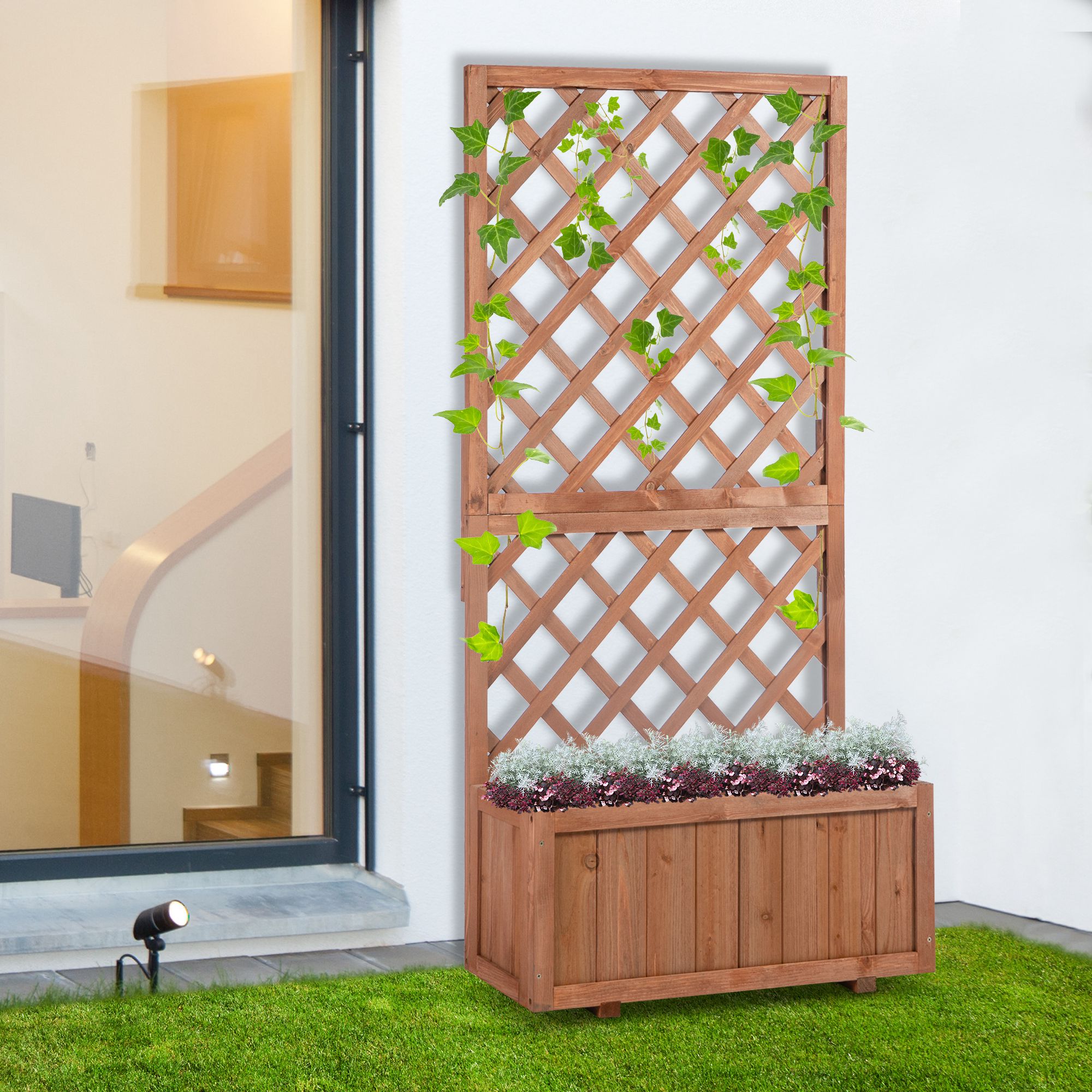 Jardineira de madeira maciça Outsunny com suporte para plantas trepadeiras, ideal para o cultivo de flores, 72,5 x 31,5 x 149,5 cm, cor natural.