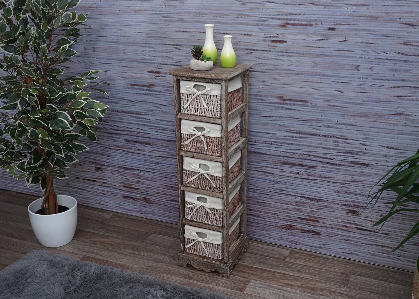 Regal Kommode mit 5 Korbschubladen 90x25x28cm, Shabby-Look, Vintage ~ braun