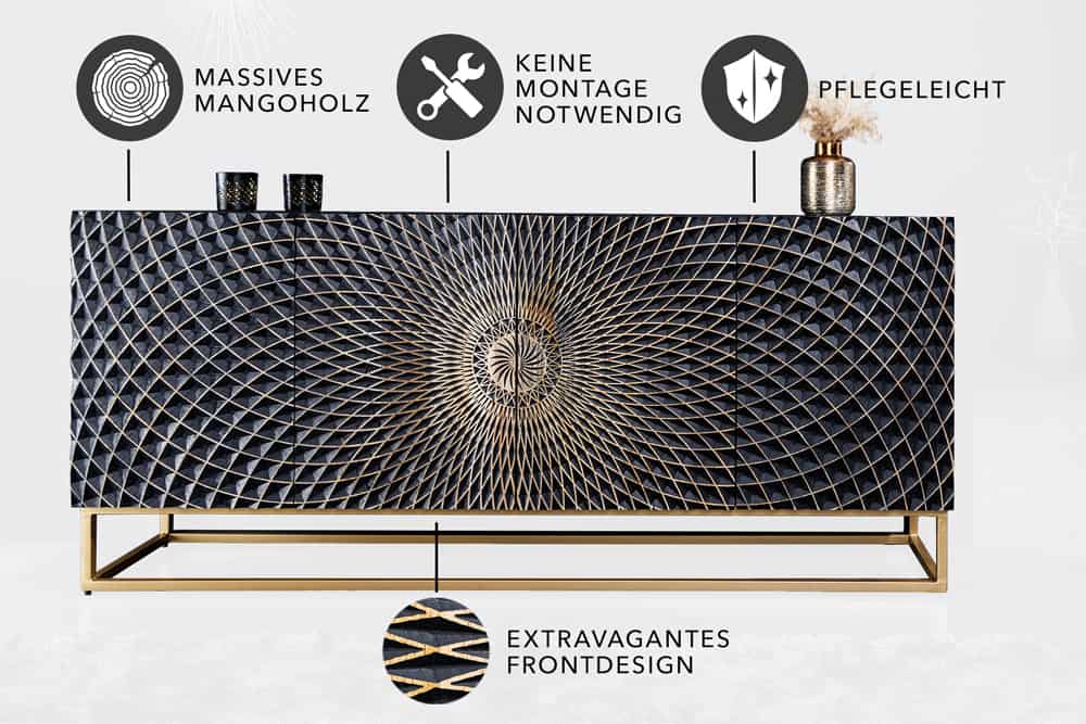 Design Sideboard ILLUSION 180cm schwarz Mangoholz Massivholz mit 3D Schnitzereien gold Eisen Metallgestell