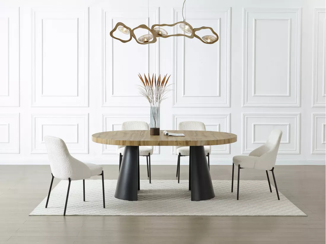 Table à manger extensible 4 à 12 personnes en MDF et métal noir - Naturel clair - JARELIA