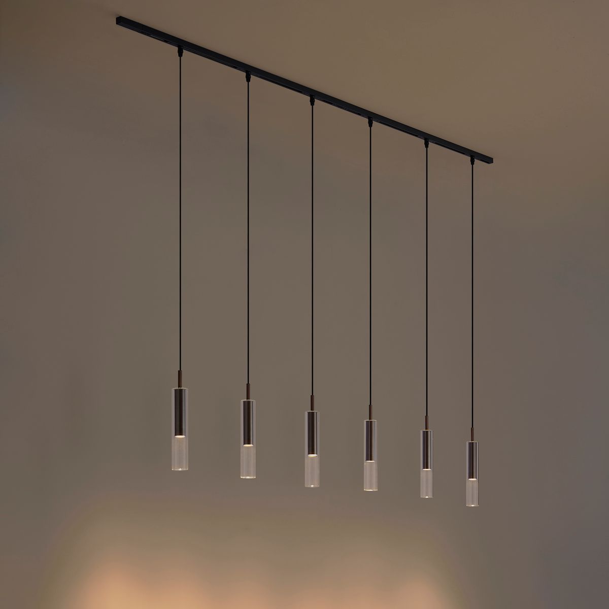 Modern railsysteem zwart met 6 hanglampen donker brons 1-fase - Slimline Loyce