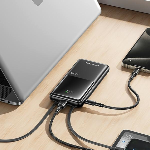 (22.5W) 10000mAh USB A / USB C Powerbank Power Delivery Ladegerät inkl. USB C / Lightning Ladekabel mit LED Anzeige (P76K) - Schwarz