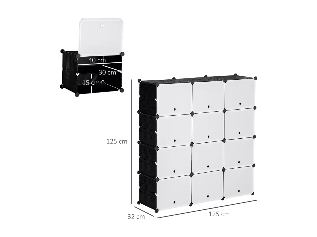 Meuble de rangement - meuble à chaussures modulable 12 casiers avec portes et étagères - dim. 125L x 32l x 125H cm - PP noir blanc