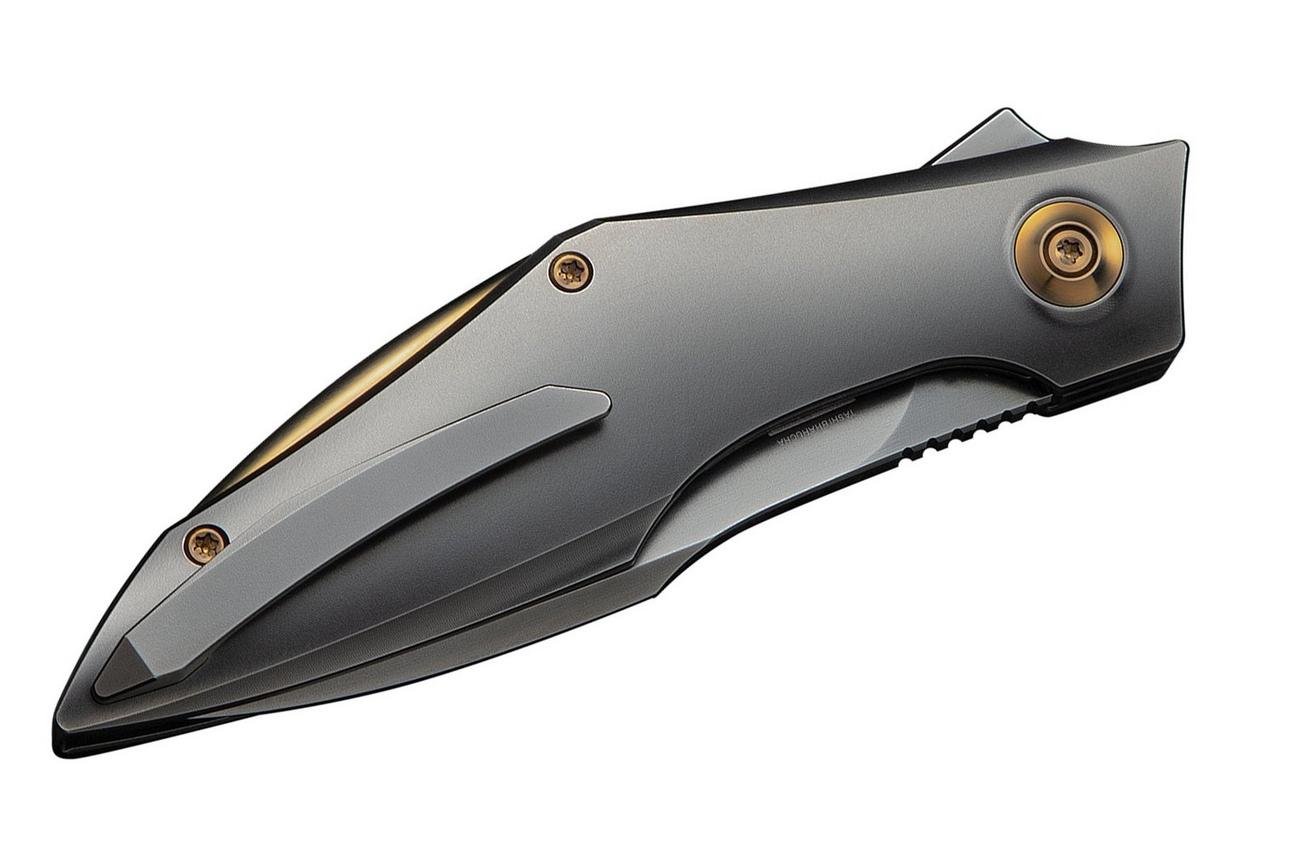 WE Knife Krait Snake WE24084-3 Polished Gray Böhler M390, Polished Gray Titanium, Gold Anodized Hardware, zakmes, Tashi Bharucha design