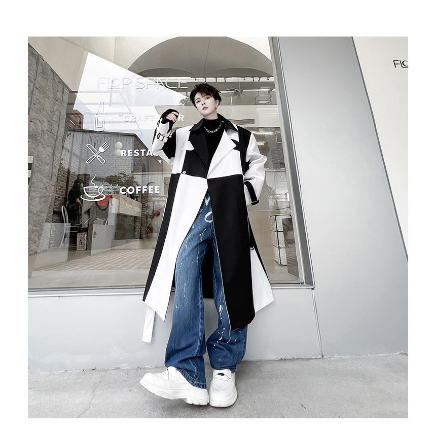 Freehop - Tweekleurige midi-trenchcoat met één knoop