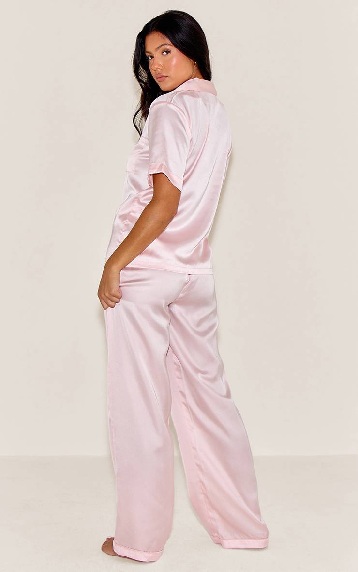 Rose Ensemble De Pyjama Long En Satin À Manches Courtes
