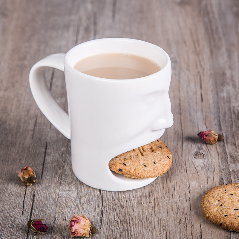 Keramik Kaffee Tasse Snack Halter Tee Cup Home Tasse mit Keks Fach / Gesicht - Weiss