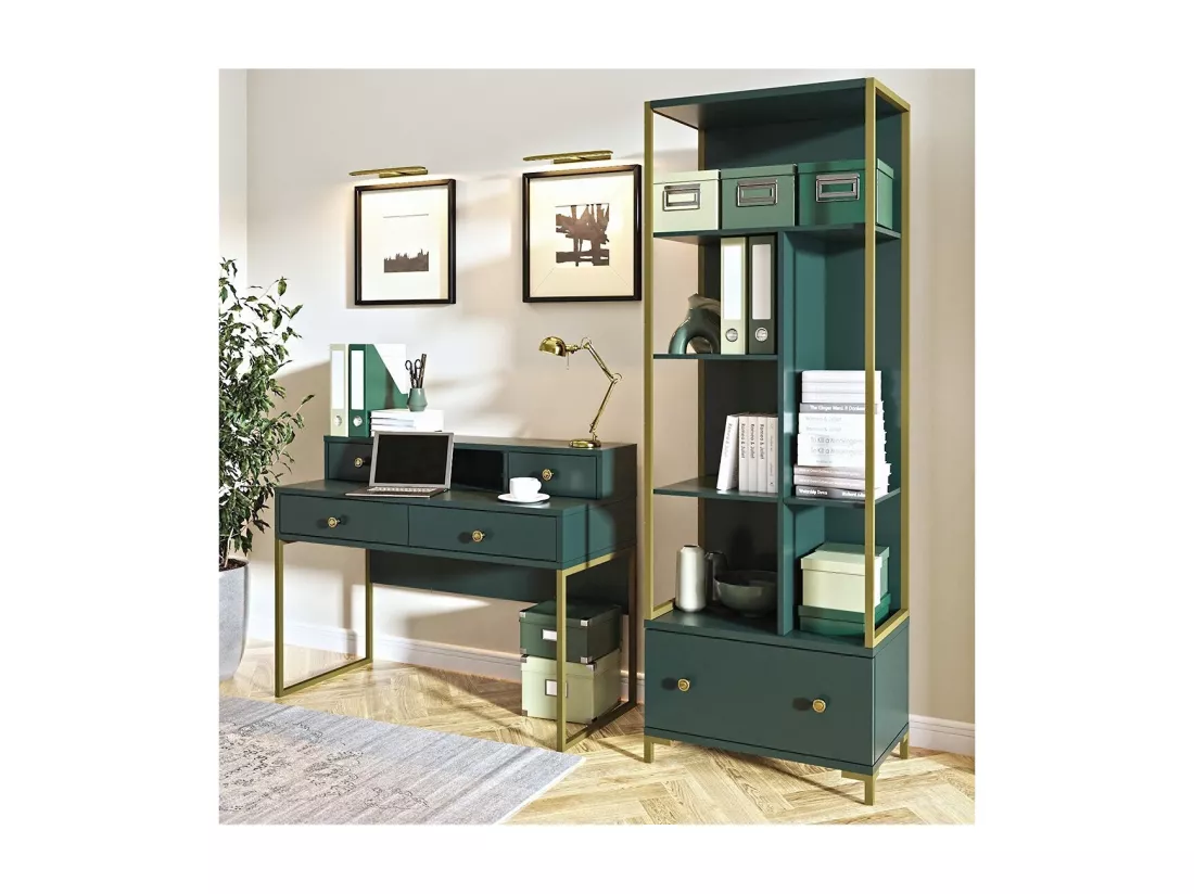 Bibliothèque collection DOUGLAS couleur verte avec nombreux rangements et finitions dorées, 70 x 200 x 42 cm