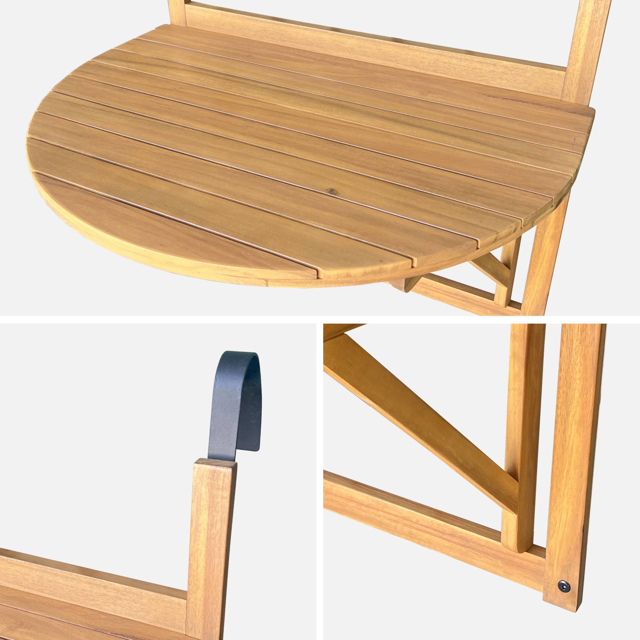 Table d'appoint en bois pour balcon. Semi-arrondie. Rabattable. Hauteur ajustable