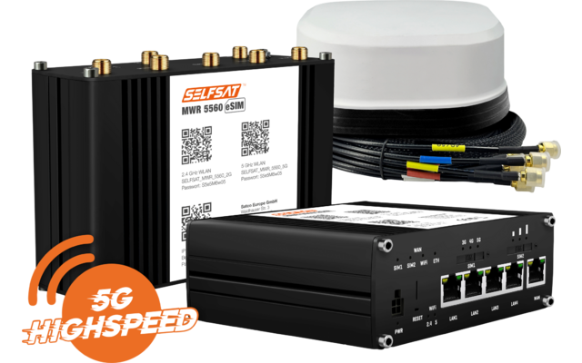 SELFSAT MWR 5560 WLAN Router eSIM 5G Cat 20  bis 3,4 Gbps inklusive SATCO 5G Antenne