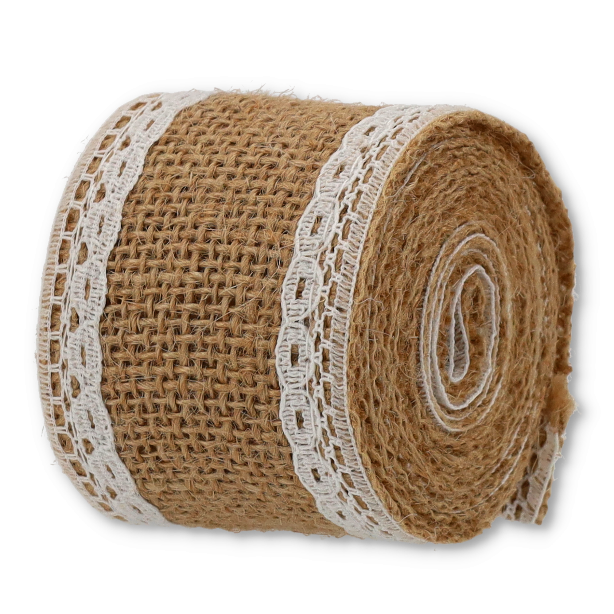 (5er Set) 50mmx2m Jute Geschenkband Vintage Deko Hygge Lifestyle Band mit Spitzenbordüre - Braun / Weiss