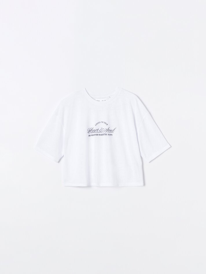 Camiseta cropped estampada - Branca