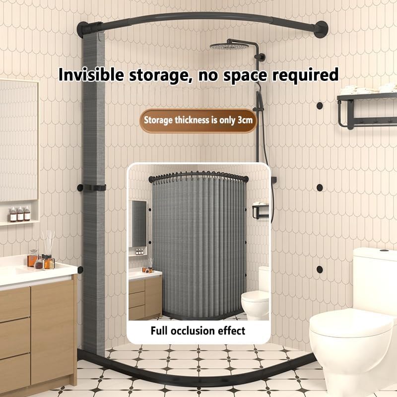 Gebogenes Duschvorhang-Set, magnetisch, faltbar, wasserdicht, Badezimmer-Trennwand mit gebogener Stange und Wasserspeicherstreifen, passend für X70~85cmxY70, ideal für kleine Räume
