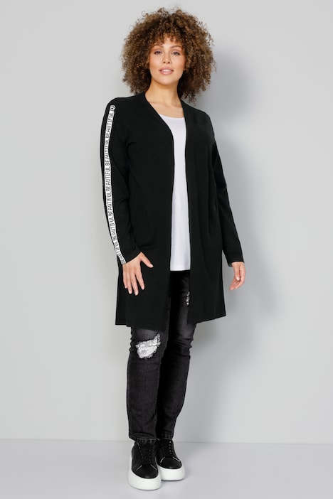 Long-Strickjacke, offene Form, Ärmel-Schriftzug