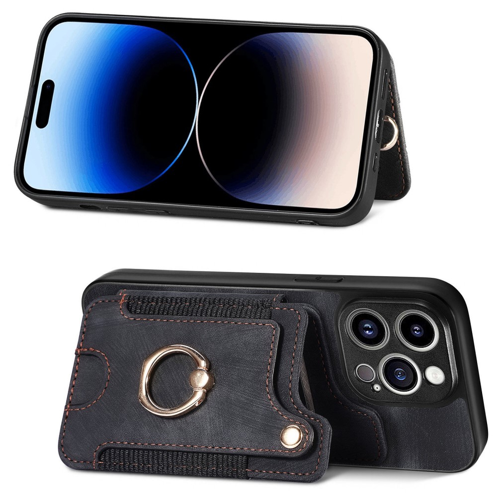 iPhone 14 Pro Necklace Leder Hülle mit Kartenfächer   Finger Griff Halterung   Handykette (RFID Schutz) - Schwarz