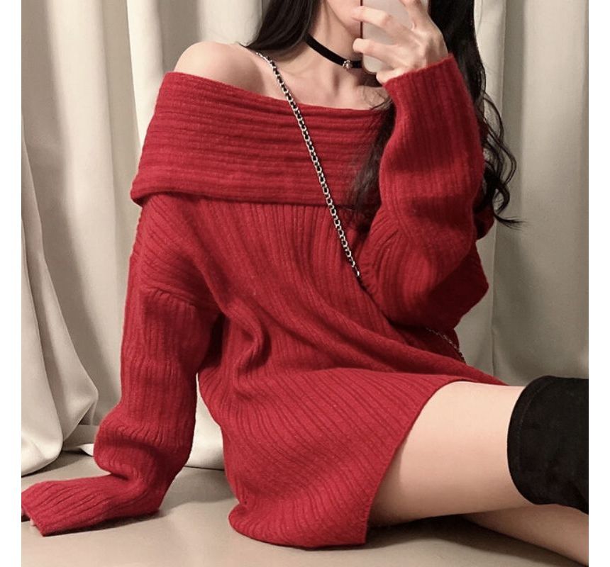 PINPI - Off-Shoulder Effen Gebreide Mini Shift Jurk