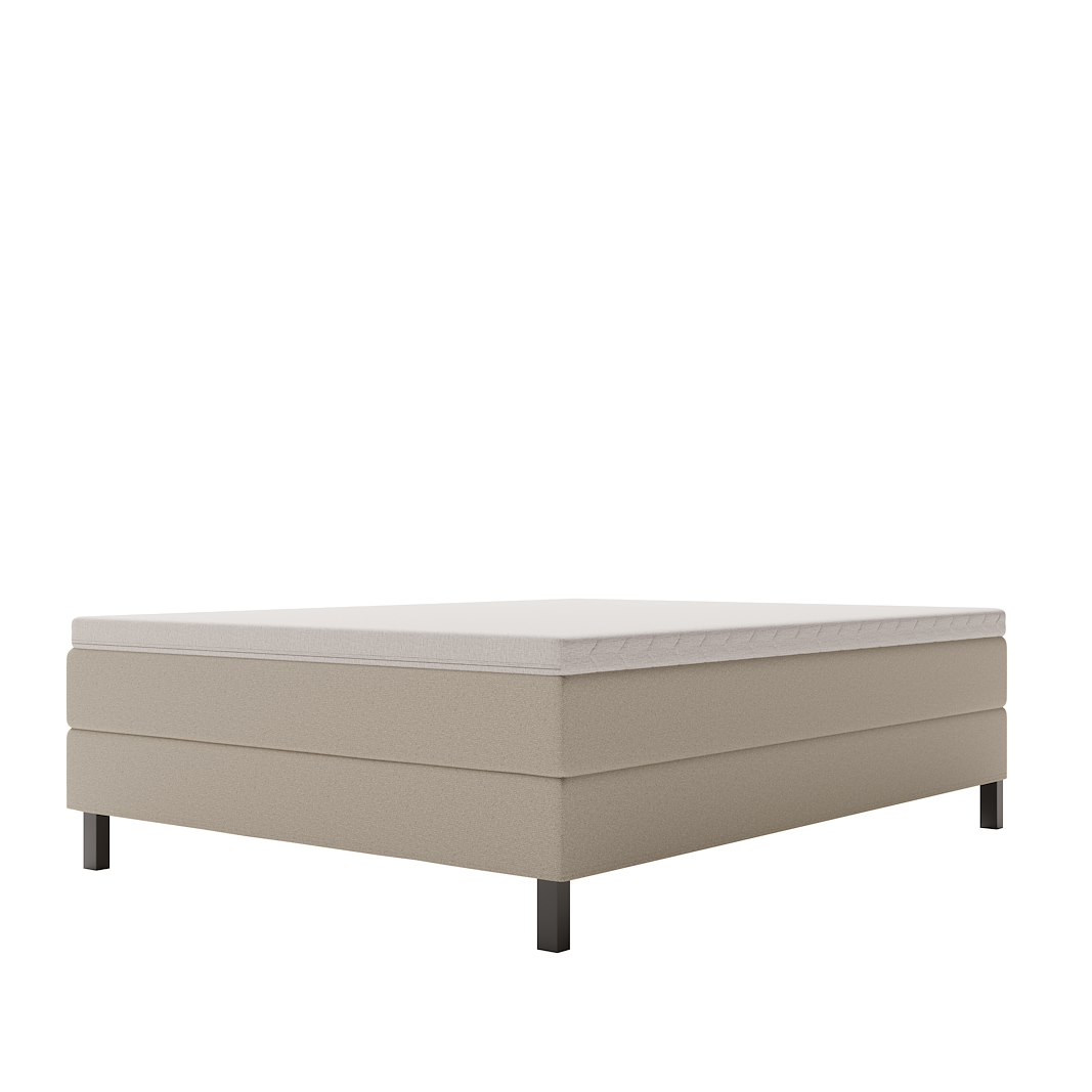 Copenhagen kontinentalseng 140x200 cm Tekstil Mito 05 beige. Medium/fast, med copenhagen memory skum overmadrass og sorte firkantet ben, gavl selges separate.