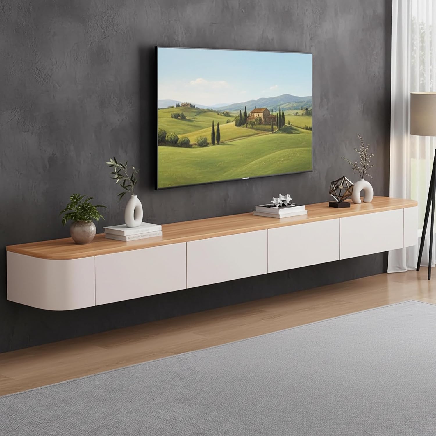 Kroscro Tv Schrank Hängend Multifunktionaler TV-Schrank aus Holz Tv Cabinet for Living Room Fernsehkommode mit Stauraum Geeignet für Wohnzimmer, Schlafzimmer (Holz+Weiß, 160cm/63in)