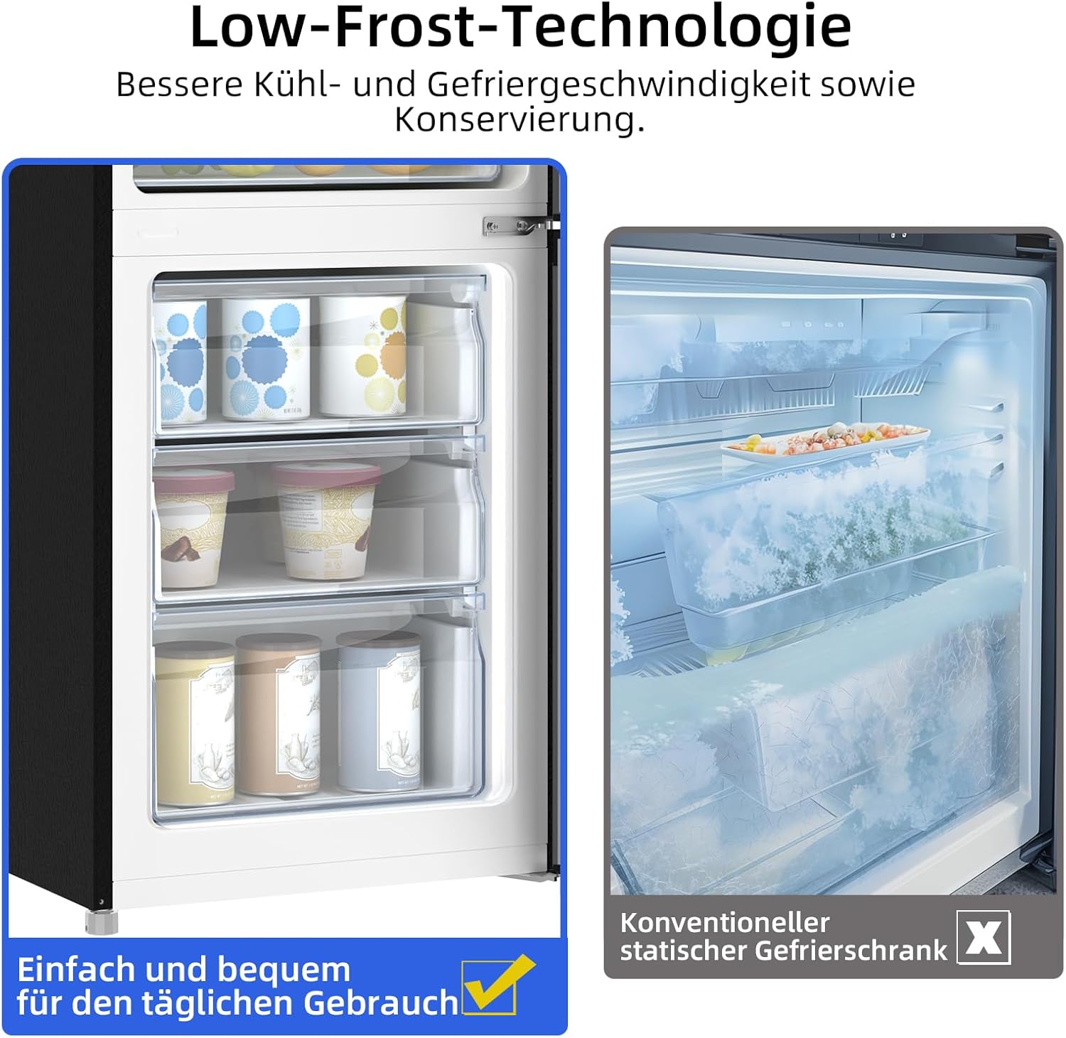 CHIQ FBM260L Freistehender Kühlschrank mit Gefrierfach 260L | Kühl-Gefrierkombination, Low-frost, Frischhalteboxen groß| 176 x 54 x 55 cm (HxBxT) | Dunkler Edelstahl Look