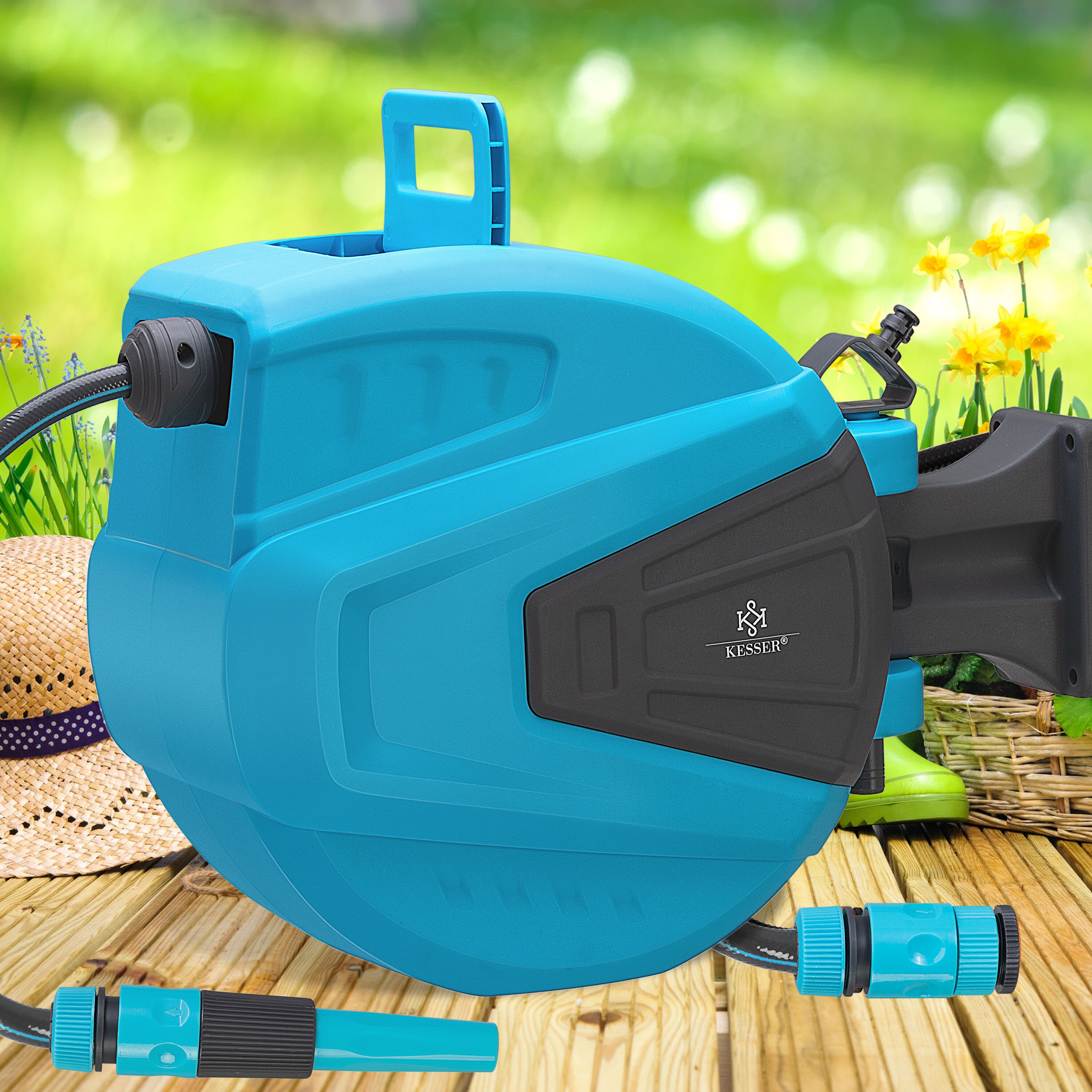 KESSER® Schlauchtrommel Wasser Schlauchaufroller Inkl. 2-Wege-Verteiler + Multi-Handbrause Wasserschlauchtrommel Automatik | 180° Schwenkbar | Wandhalterung | Gartenschlauch | Orange