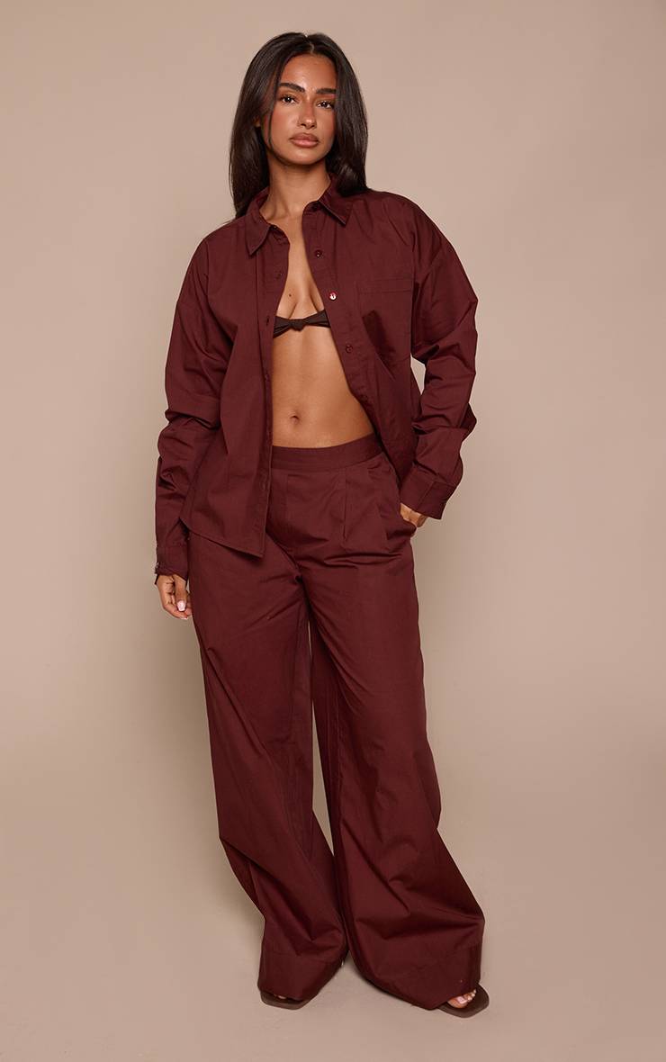 Chocolat Chemise Oversize Boutonnée Aspect Lin Petite Ensemble Coordonné