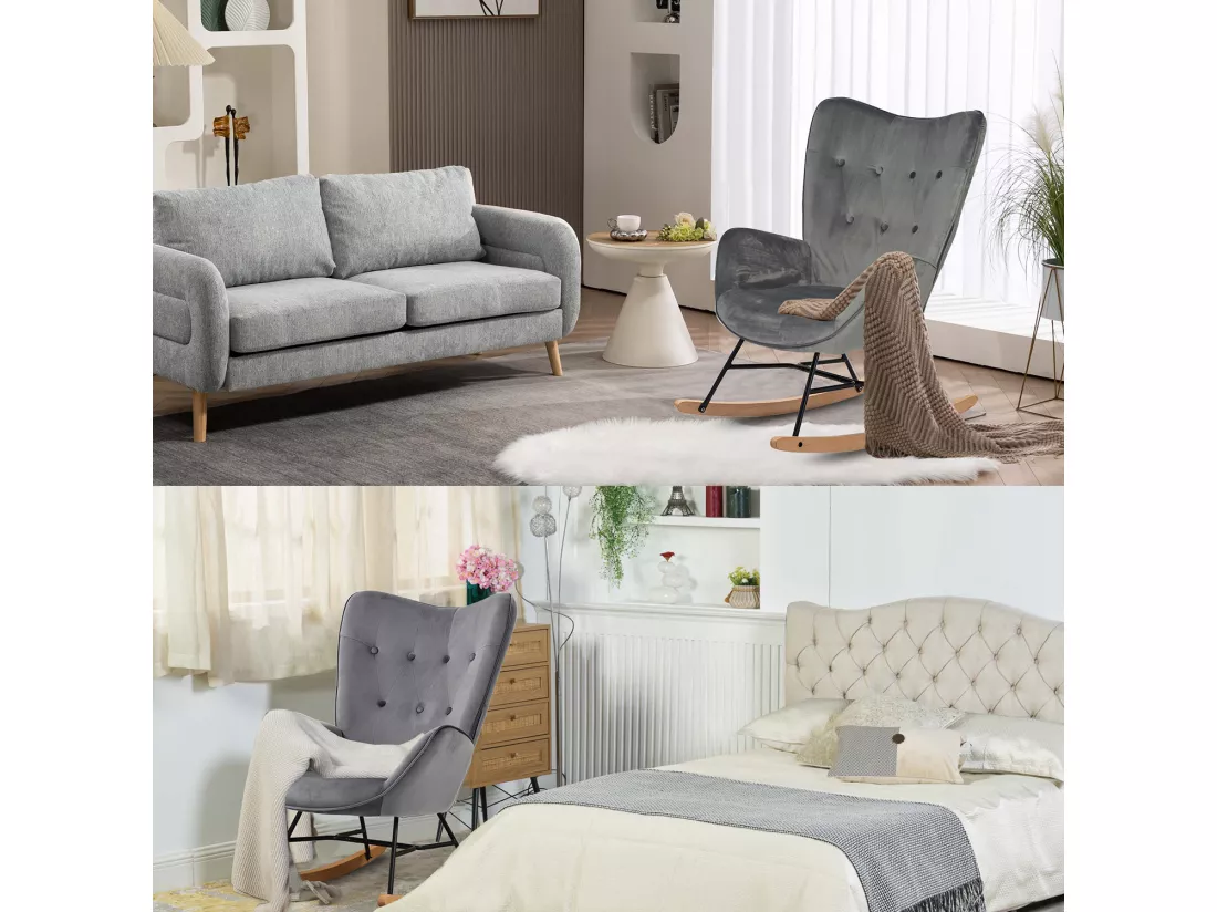 MEUBLES COSY Fauteuil à Bascule Allaitement Rocking Chair Scandinave Chaise Loisir Revêtement Pieds en Bois Massif pour Salon, Chambre, Le Balcon, Gris Velours