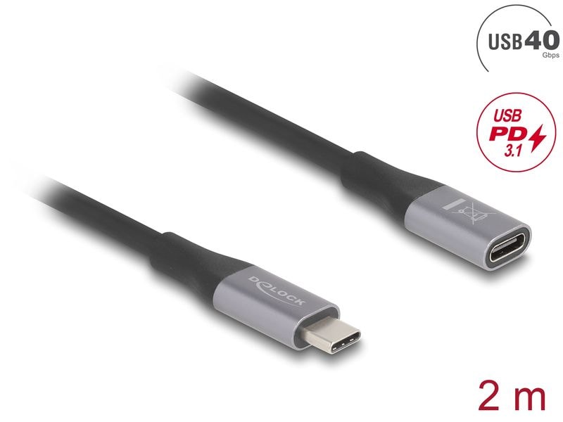 Delock USB4-Kabel USB 40 Gbps USB C - USB C 2 m USB4 Type-C Stecker zu Buchse PD 240 W 2 m grau Metall