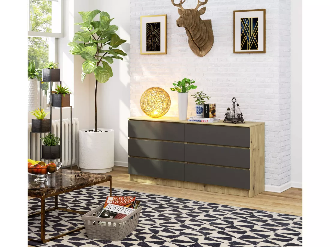 Grande Commode pour le salon AKORD K160 Chêne Artisan 160 cm 6 tiroirs façade Gris Graphite 160x40x77 cm