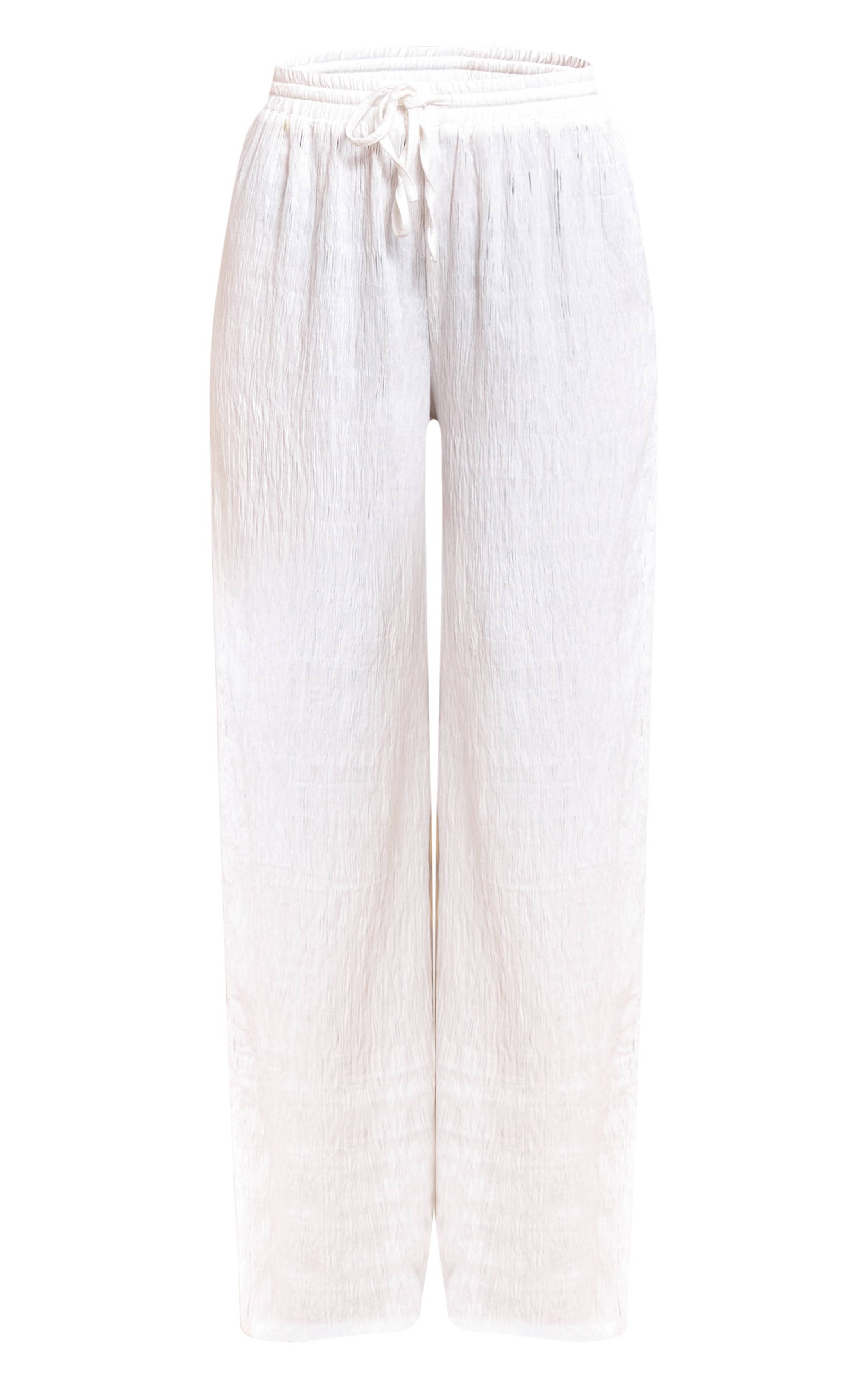 Blanc Pantalon Large À Cordon En Tissu Texturé Tissé