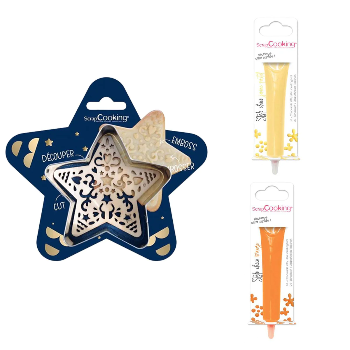 Kit pour biscuit en relief Étoile + 2 Stylos au chocolat jaune pastel