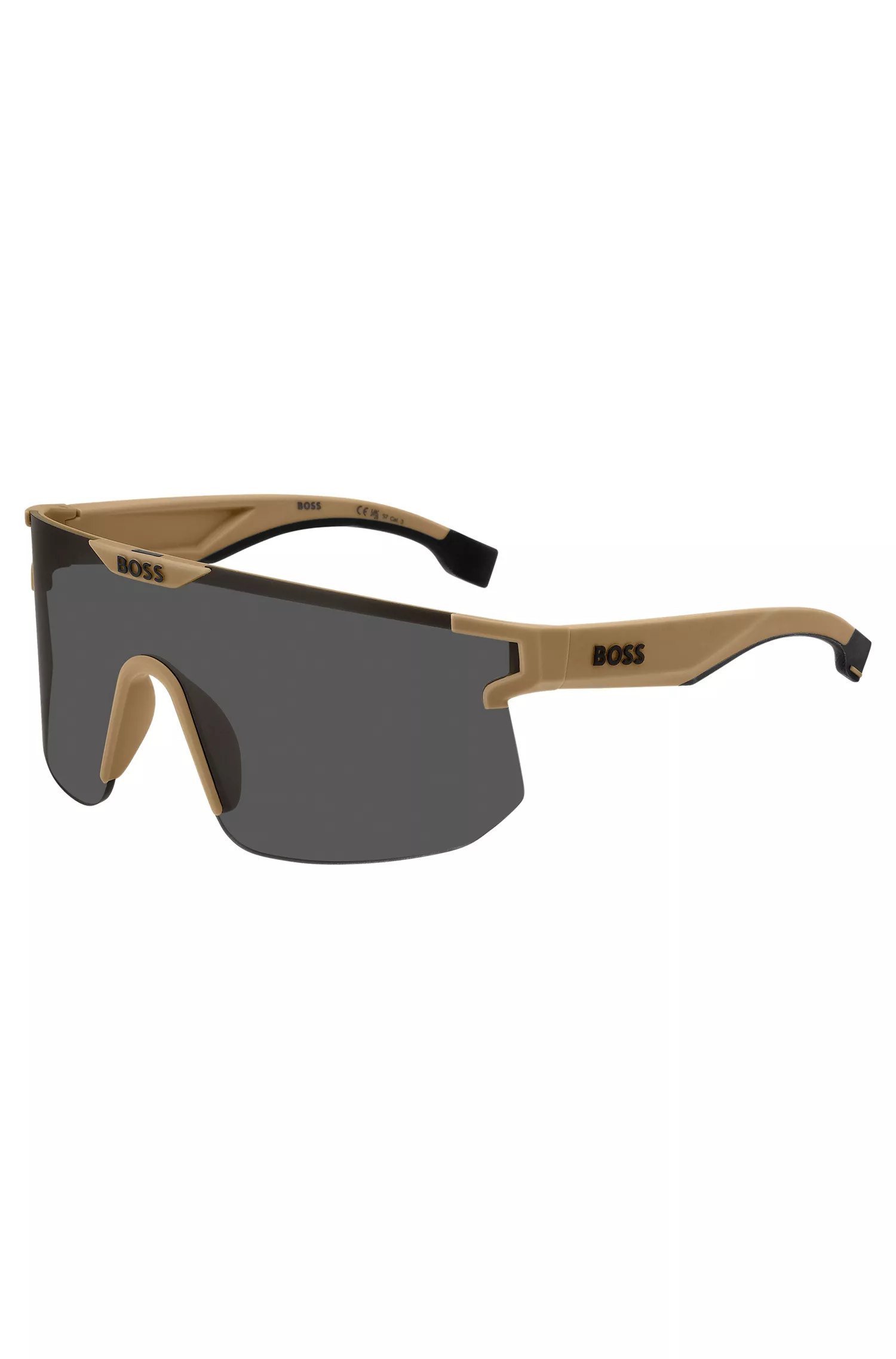 Óculos de sol BOSS Black-Camel estilo máscara com hastes e ponte personalizadas.