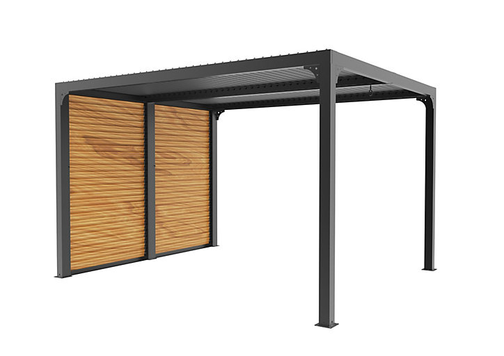 Pergola bioclimatique aluminium gris + ventelles latérales imitation bois 3,6 m x 3 m 10,80 m2