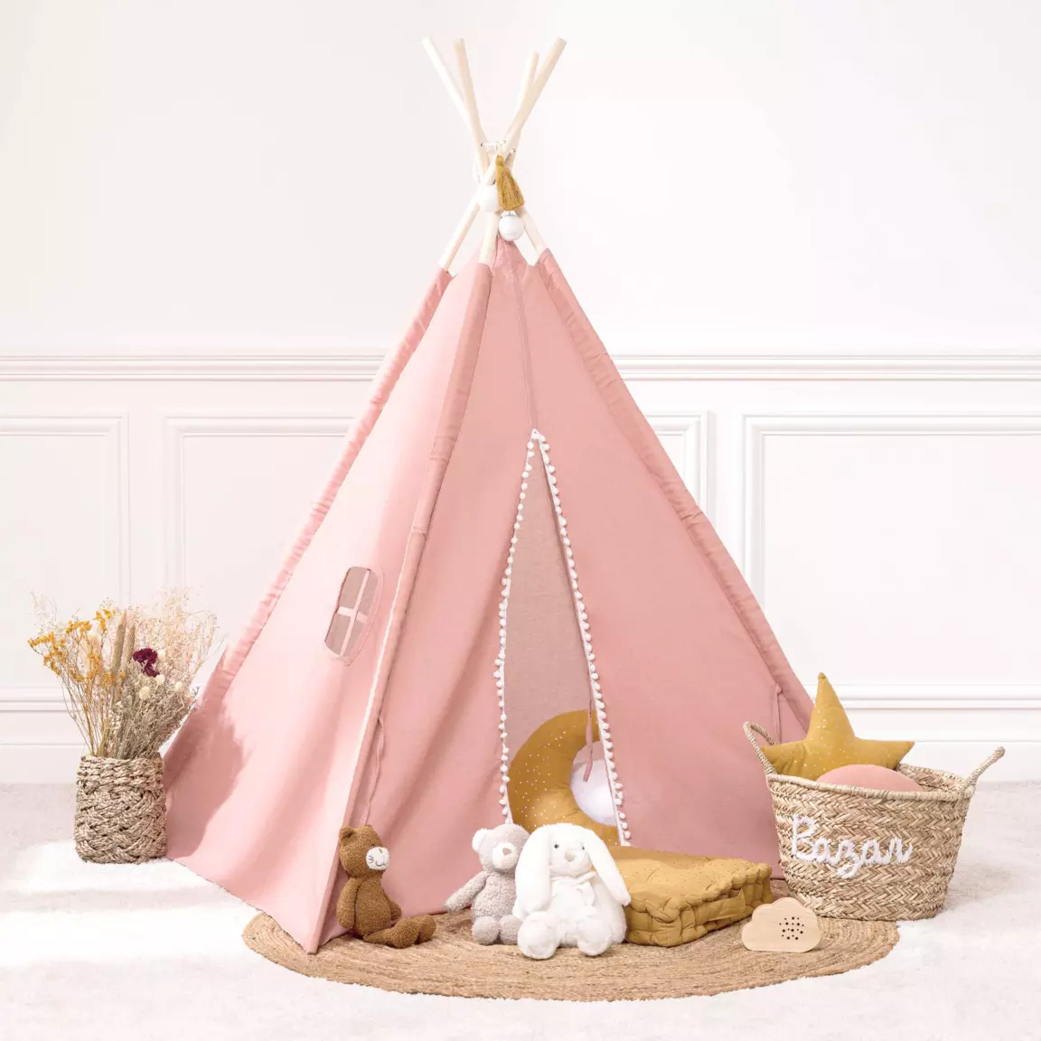 Tipi enfant bois et tissu (H160 cm) Wapi Rose