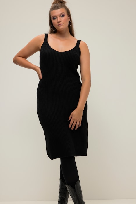 Strickkleid, Straight Shape, Trägerform, V-Ausschnitt, Ripp-Strick
