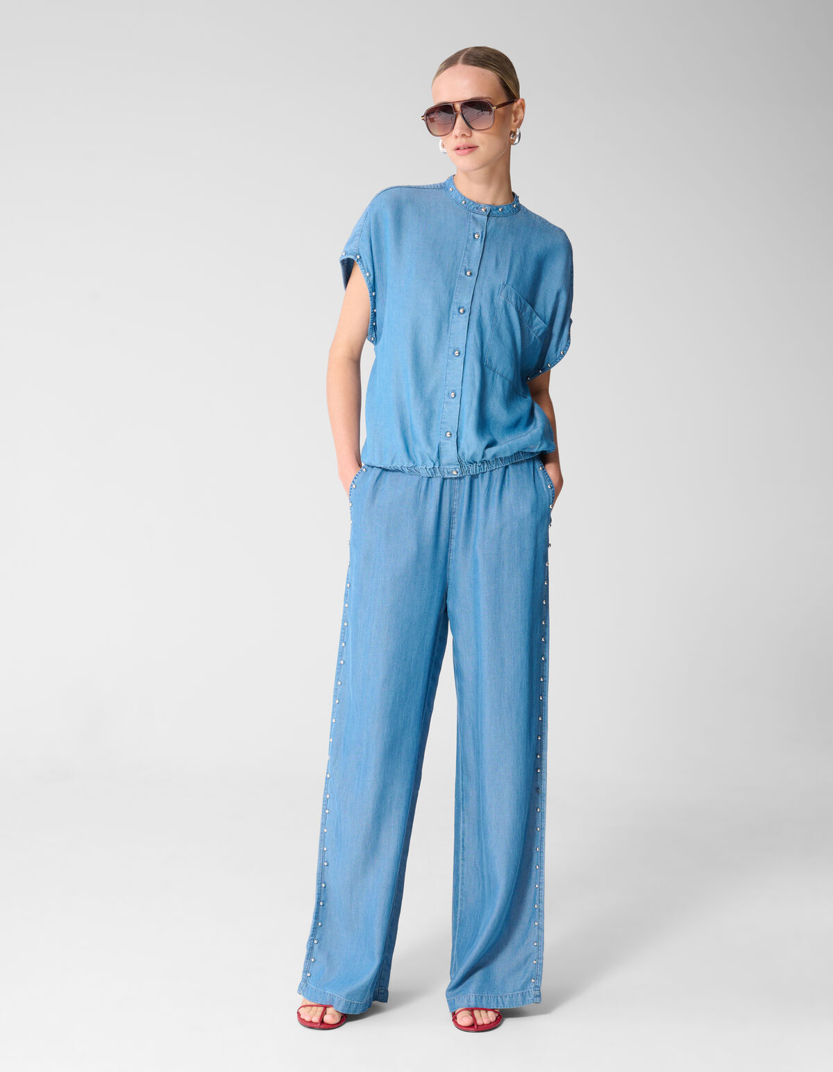 Studs Wide Leg Fit Denim Broek Blauw