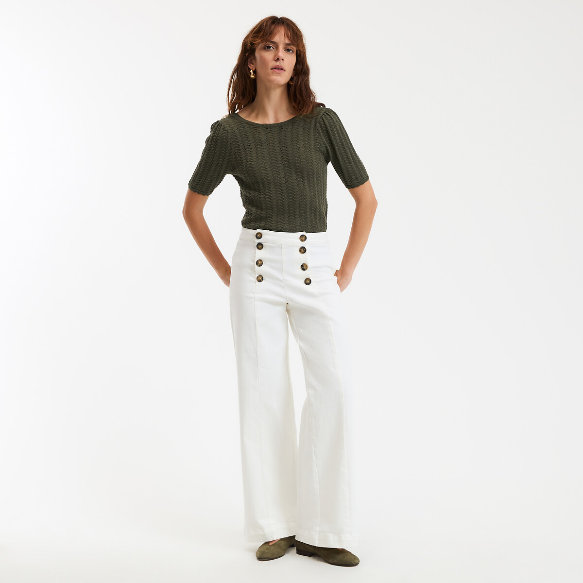 COLEÇÃO LA REDOUTE<br>Calça jeans larga estilo marinheiro, cintura alta