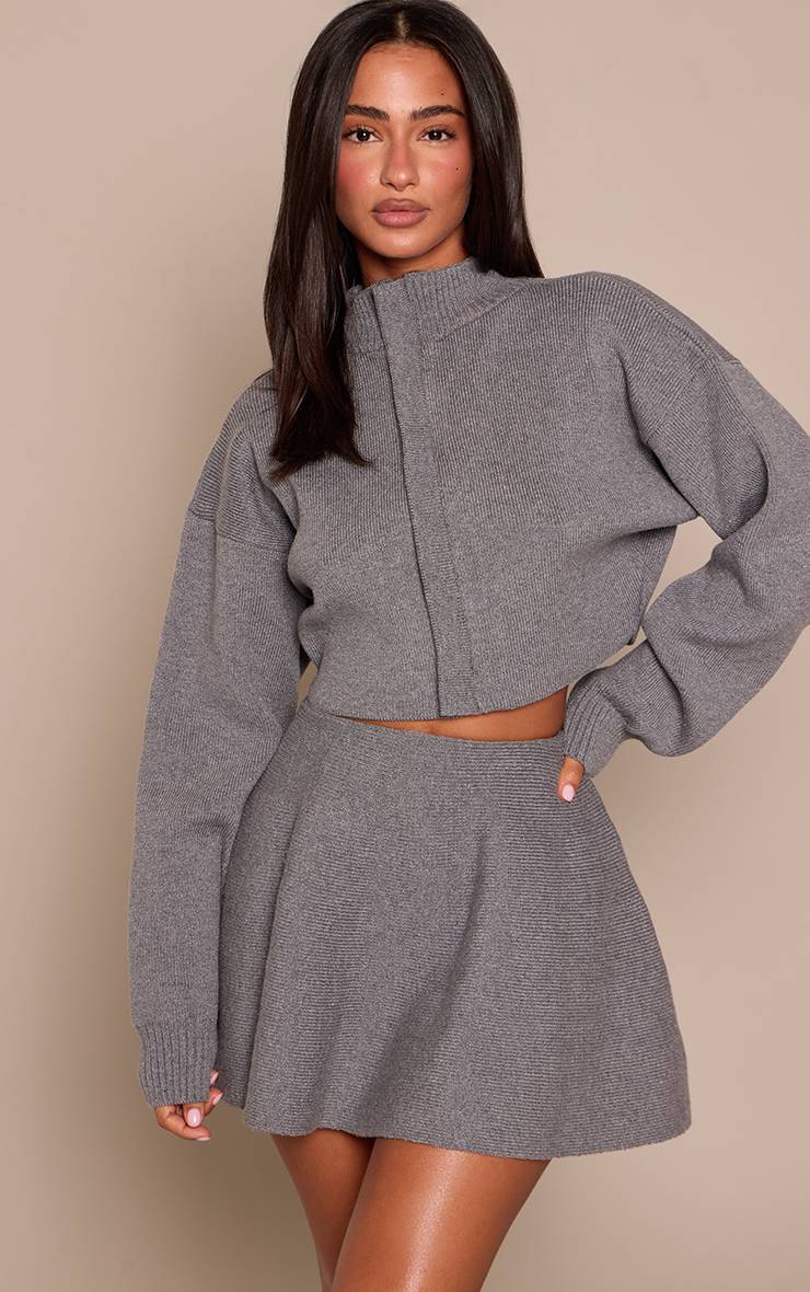 Gris Chiné Mini Jupe Fluide En Maille Côtelée Petite Taille