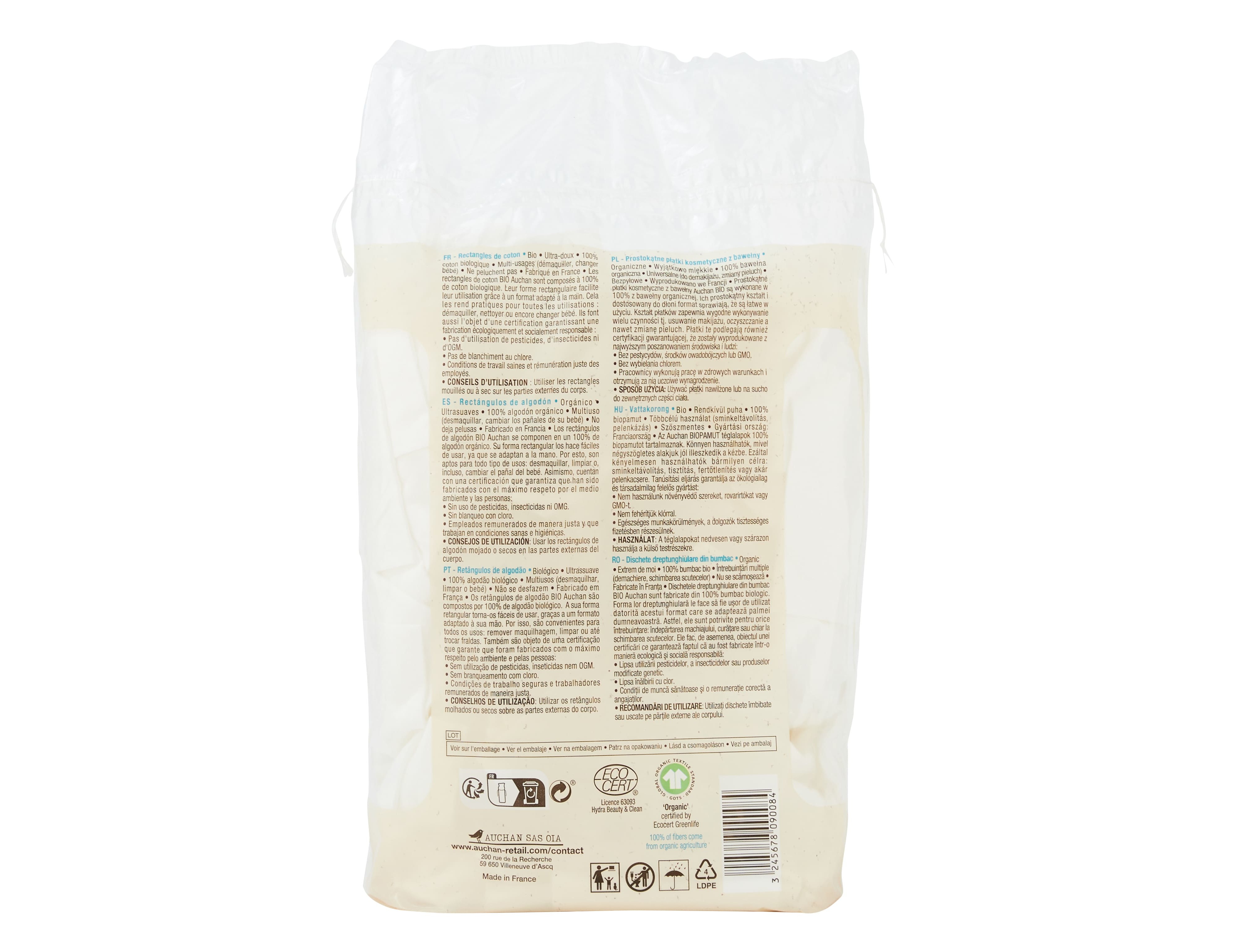 RETÂNGULOS AUCHAN BIO 100% ALGODÃO BIOLÓGICO 180UN