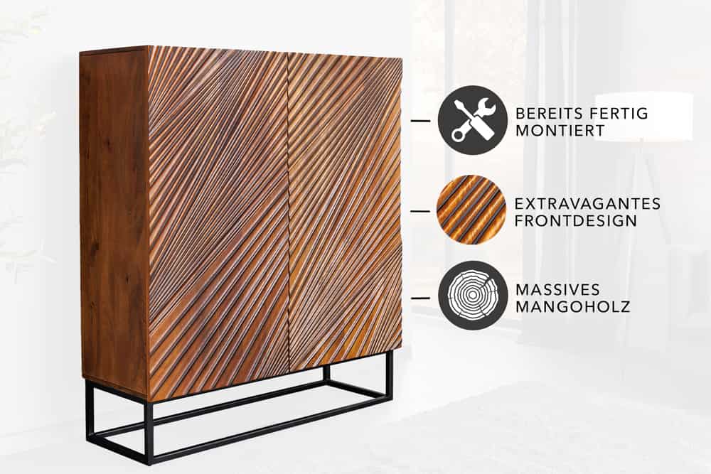 Massives Highboard ART 120cm braun Mangoholz 3D-Design schwarz Metall